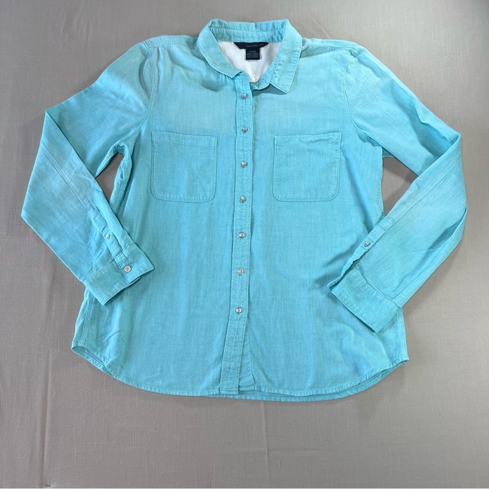 Calvin Klein Jeans Women’s XL Aqua Button-Up Shirt 100% Cotton Long Sleeve - Picture 13 of 14